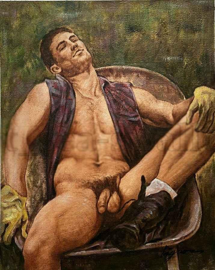 Portrait Art Érotique Homme Nu Huile sur Toile Signée - Œuvre Unique en Portrait Érotique Homme Nu - Kikooyou Art Gallery