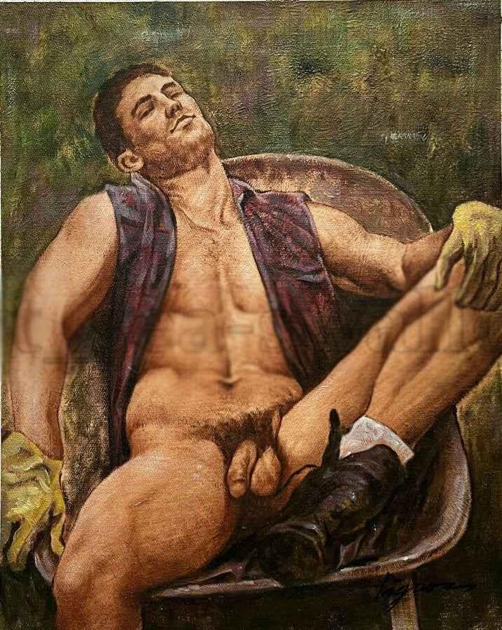 Portrait Art Érotique Homme Nu Huile sur Toile Signée - Œuvre Unique en Portrait Érotique Homme Nu - Kikooyou Art Gallery