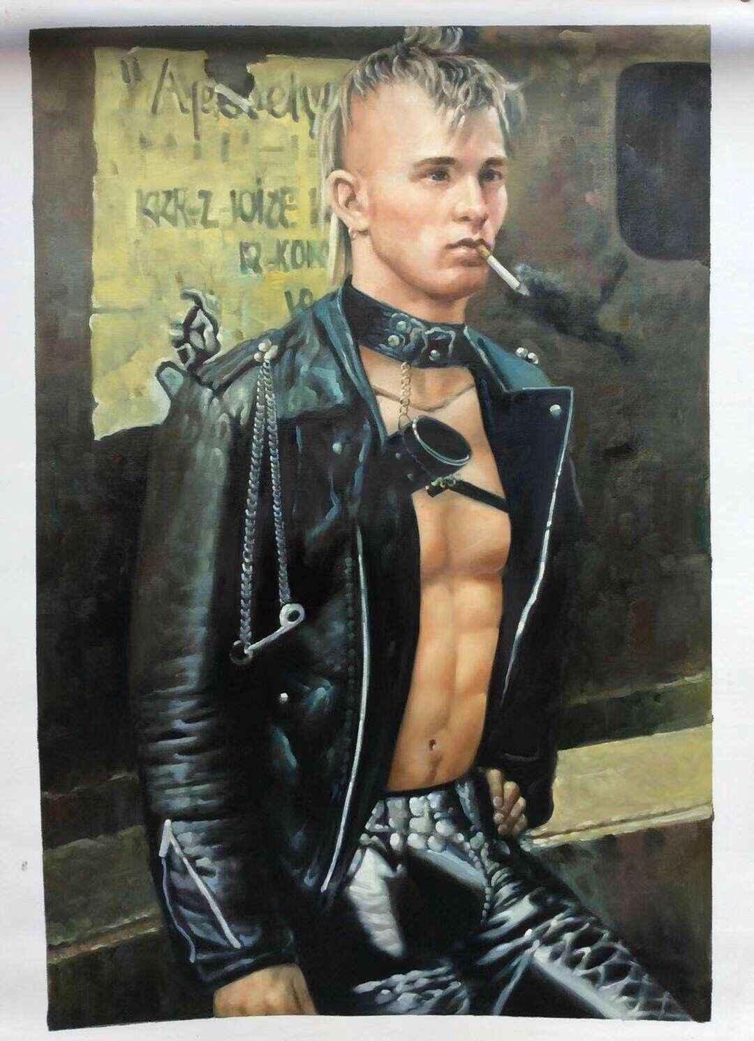 homme gay SM cuir Rébellion et mystère peint sur une toile. L'aura brute de la jeunesse, capturée dans un tourbillon d'ombres et de cuir. peinture originale huile sur toile - Kikooyou Art Gallery