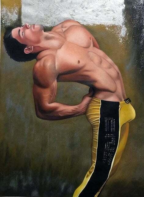 tableau peinture originale huile sur toile homme sexy avec pantalon en cuir latex - Kikooyou Art Gallery