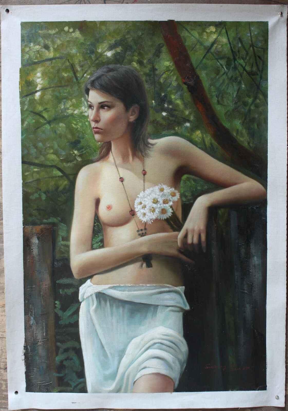 art femme nue avec fleurs tableau peinture huile sur toile originale - Kikooyou Art Gallery