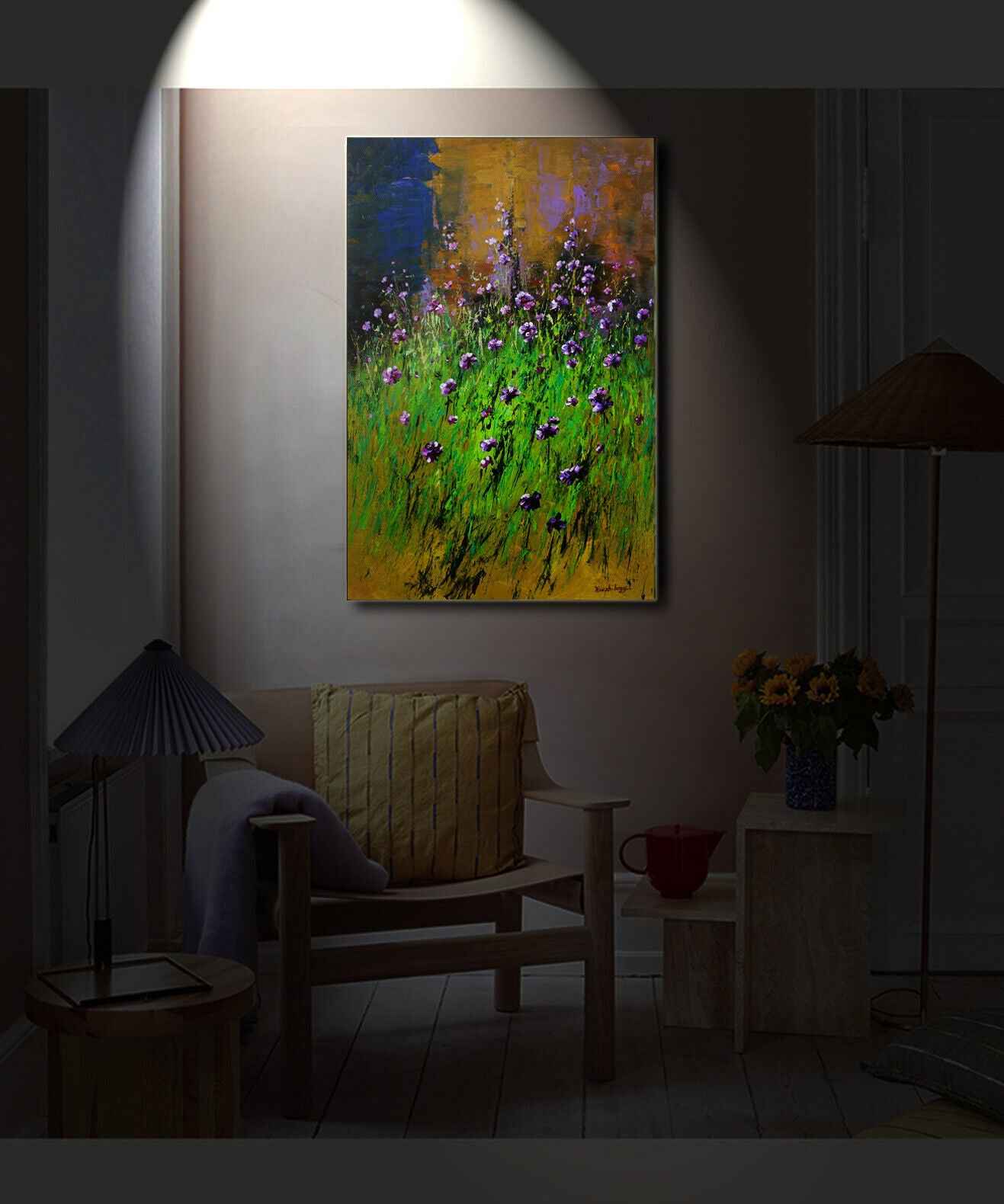 Beaux-arts abstraits paysage fleurs peinture originale à l'huile sur toile