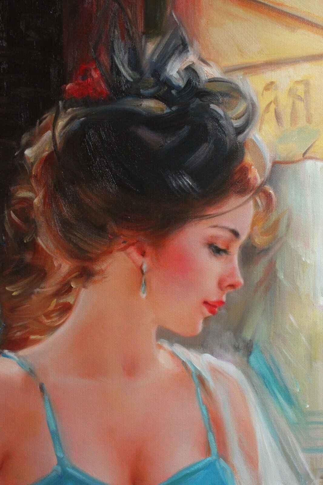 Art moderne belle fille tasse de thé café reproduction peinture à l'huile sur toile - Kikooyou Art Gallery