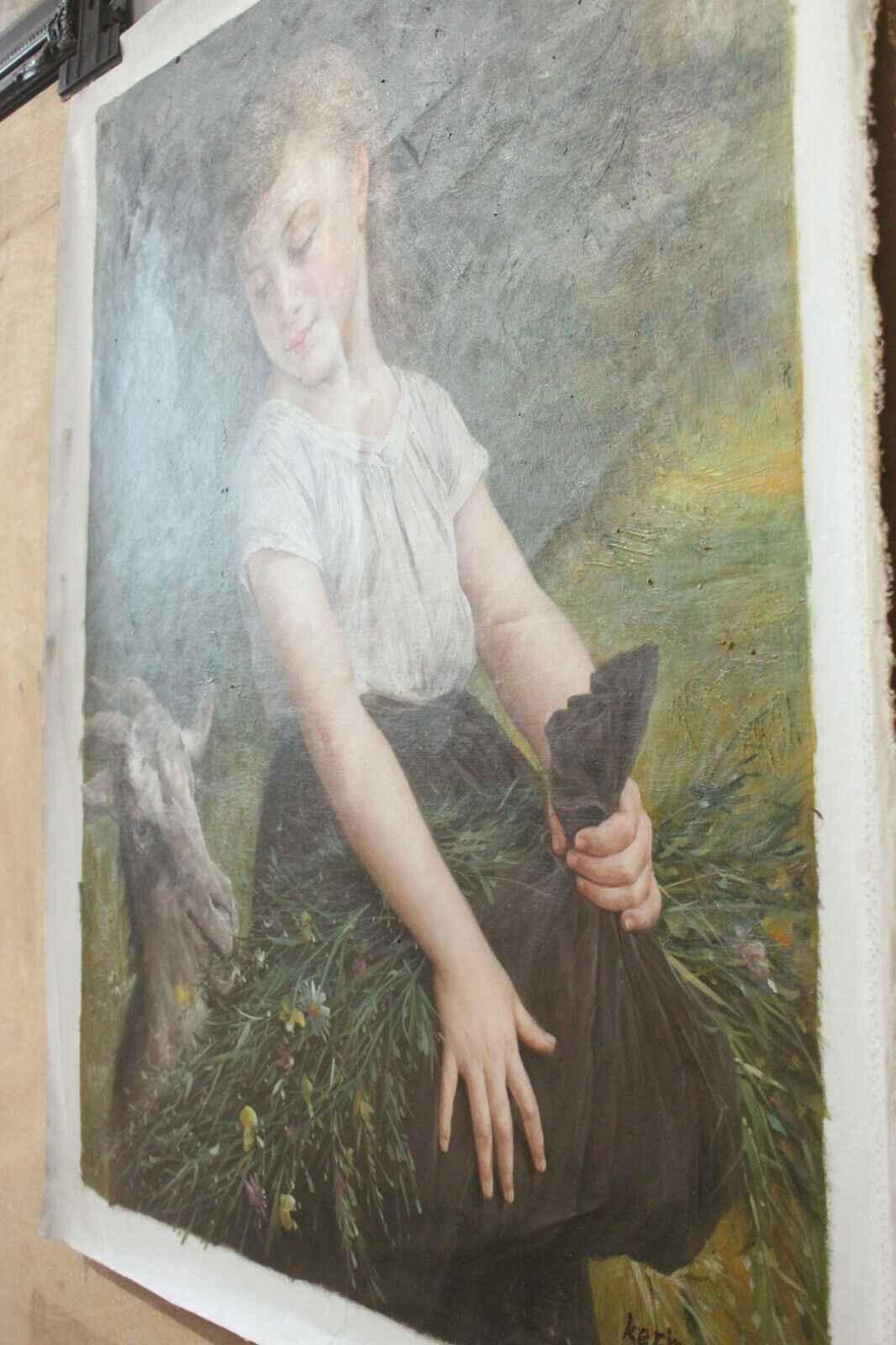 Reproduction d'art Emile munier fille et chèvre peinture huile sur toile peinte - Kikooyou Art Gallery