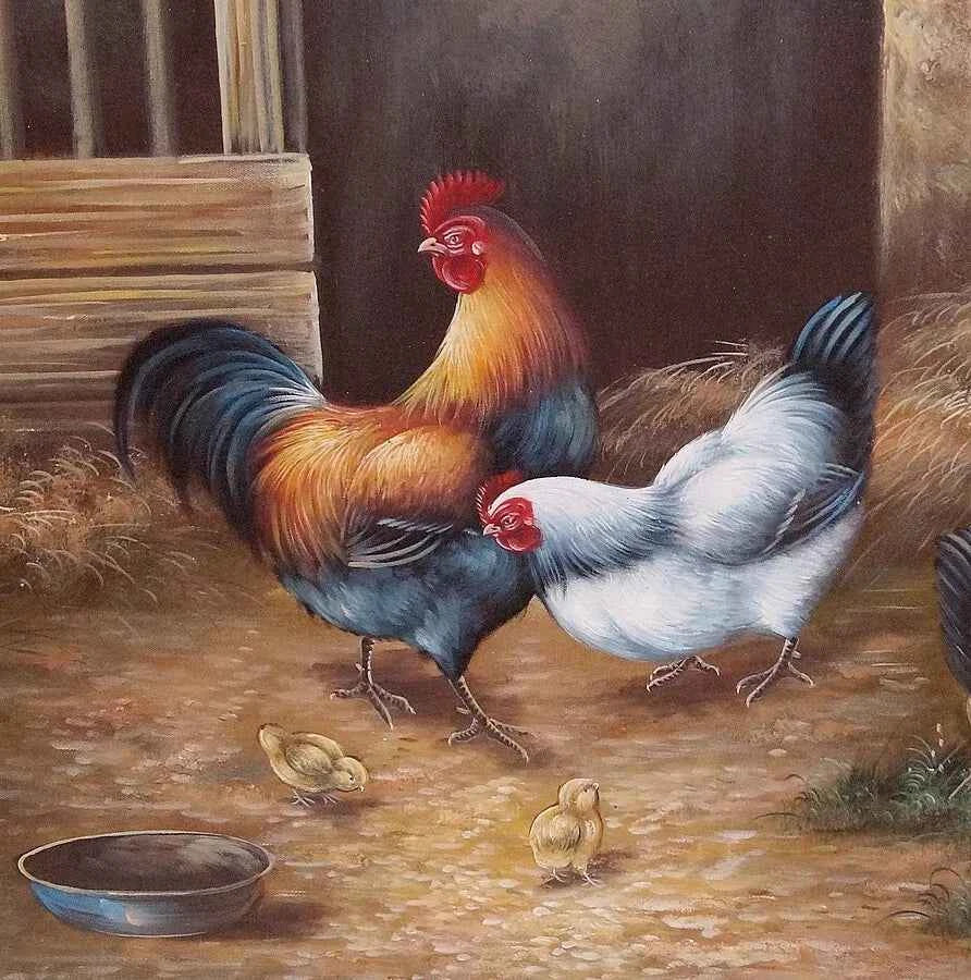 art-animal-Peinture à l'huile poulets dans l'étable - Kikooyou Art Gallery