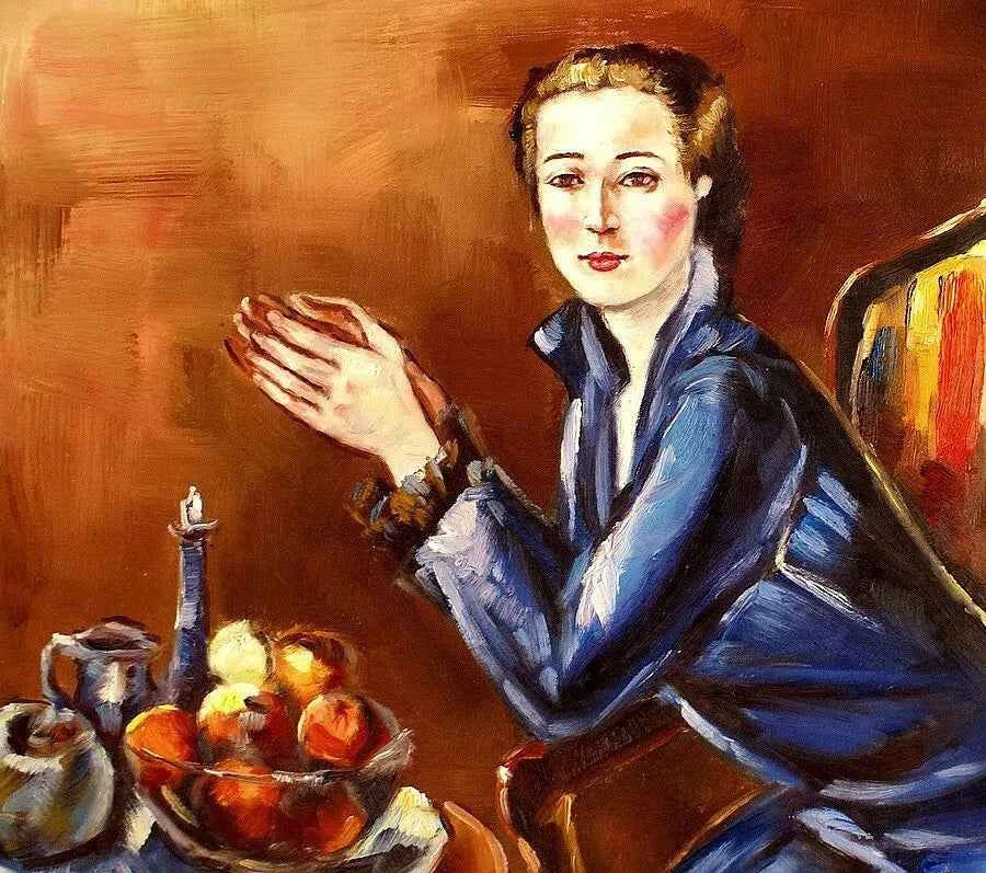 art-Tableau huile sur toile d'après Anton Faistauer, dame en robe bleue