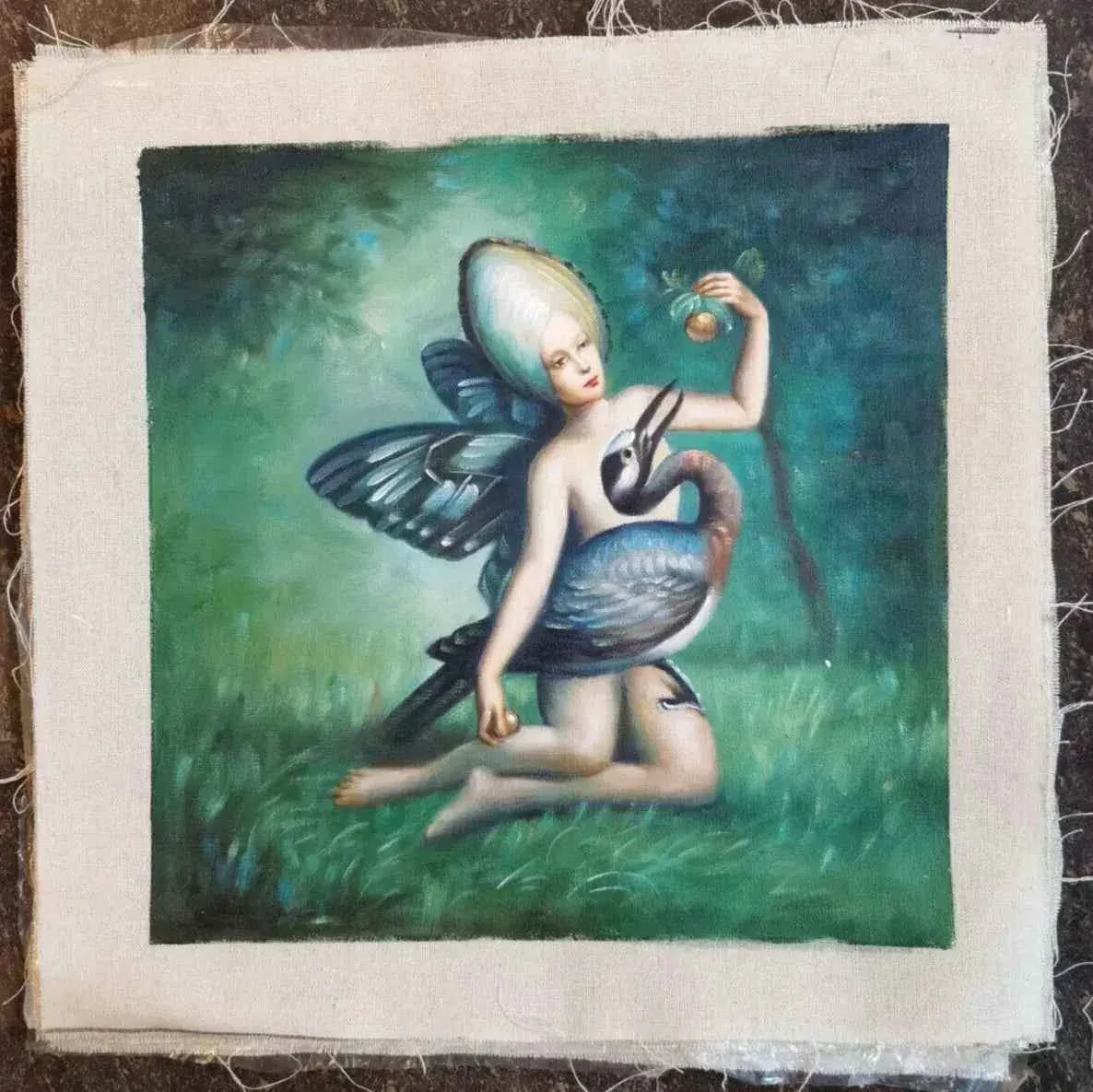 art-surréalisme-femme papillon avec oiseau-peinture-huile sur toile - Kikooyou Art Gallery