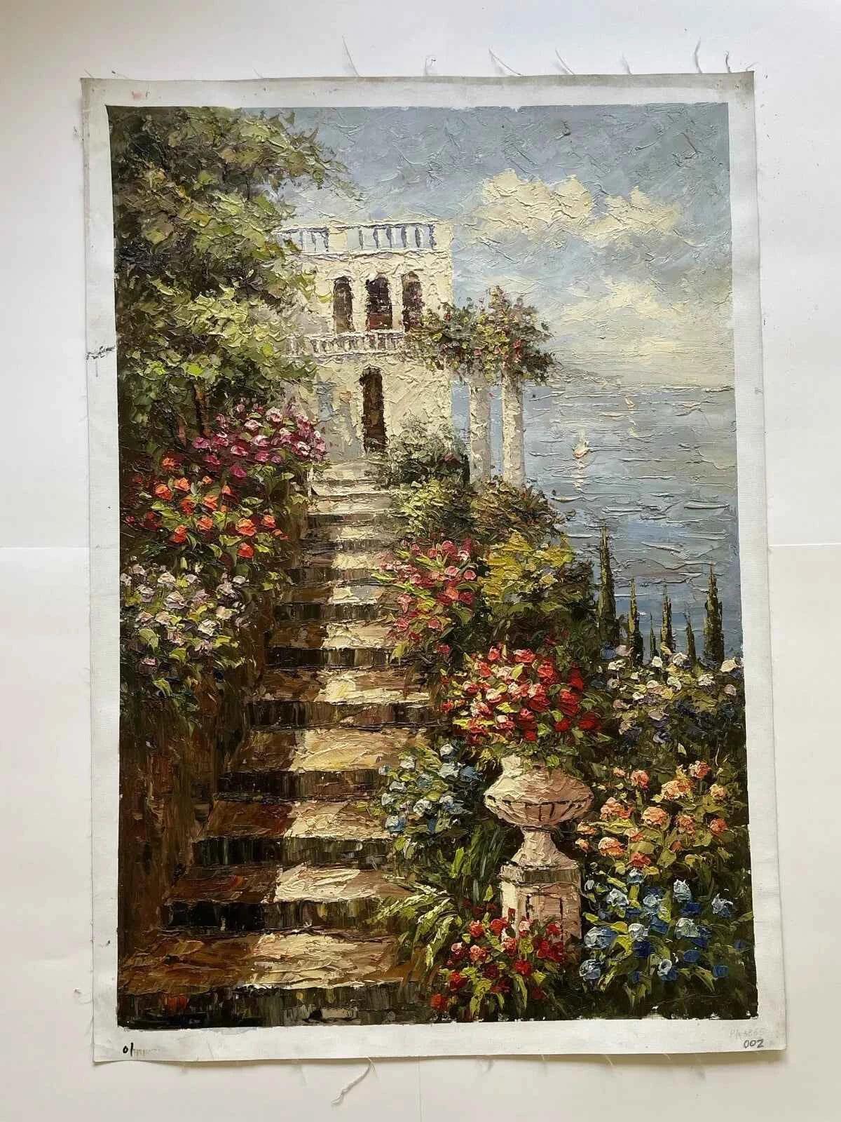 art-paysage-bord-mer-escalier-fleurs-peinture-huile sur toile - Kikooyou Art Gallery