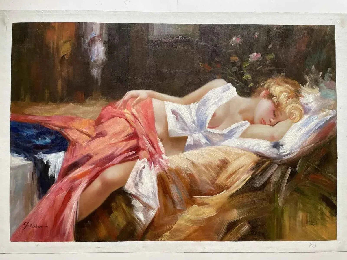 art-érotique-portrait-femme-sensuelle-endormie-peinture-huile sur toile - Kikooyou Art Gallery