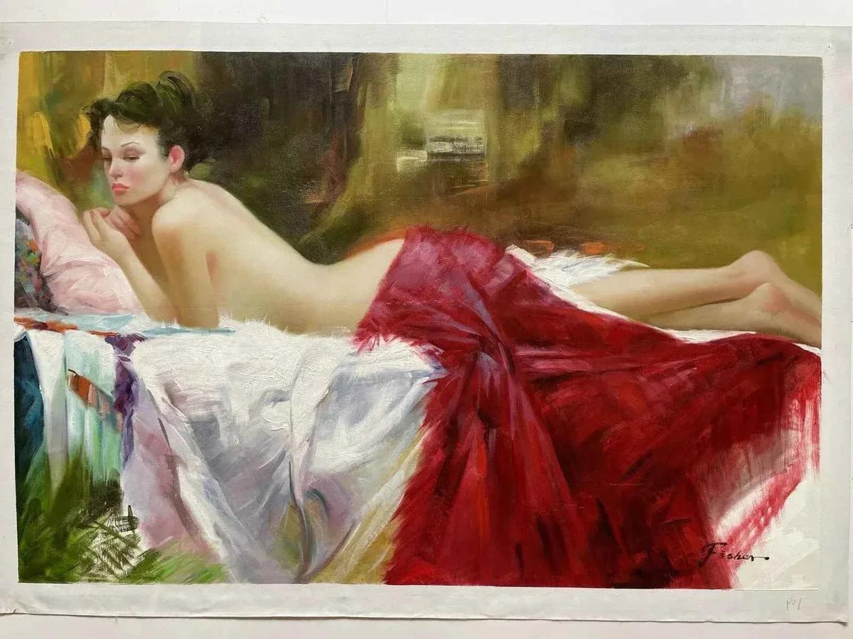 art-portrait-érotique-sensuelle-femme-nue-lit-chambre-peinture-huile sur toile - Kikooyou Art Gallery