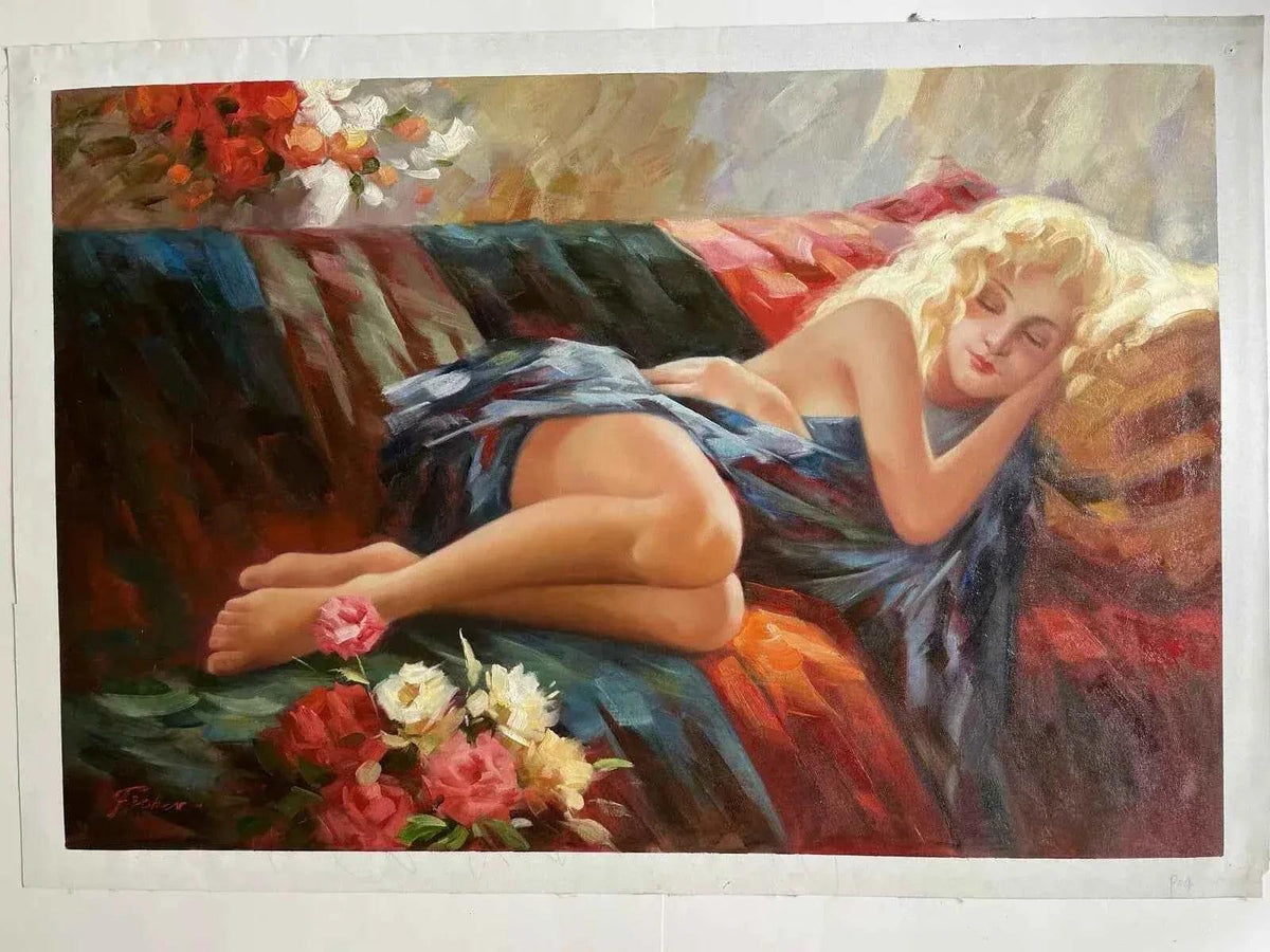 art-scène-érotique-femme-endormie-lit-chambre-peinture-huile sur toile - Kikooyou Art Gallery