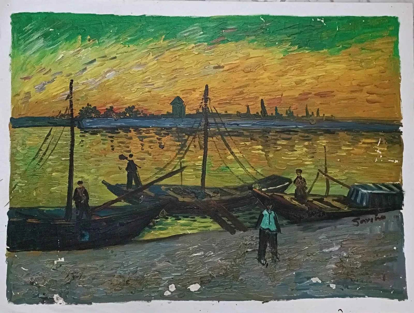 art-moderne-paysage-port-pêche-peinture-huile sur toile