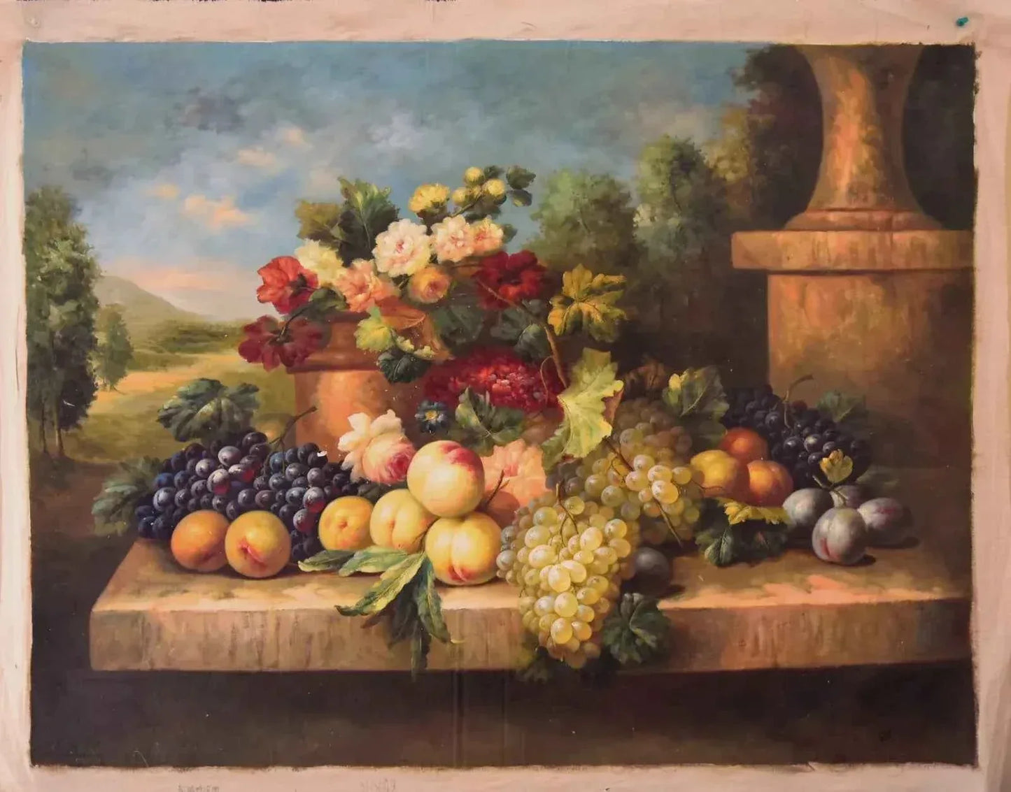 art-nature-morte-bouquet-fleurs-vase-fruits-peinture-huile-toile - Kikooyou Art Gallery