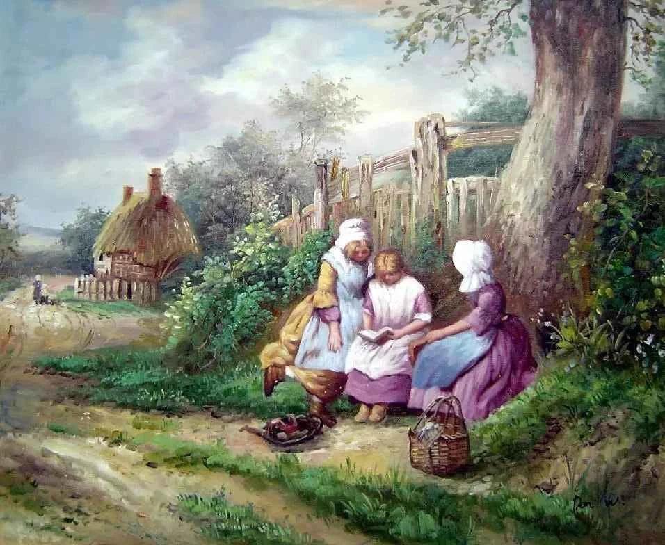 art-scène-vie-lecture sous l'arbre-peinture-huile-toile - Kikooyou Art Gallery