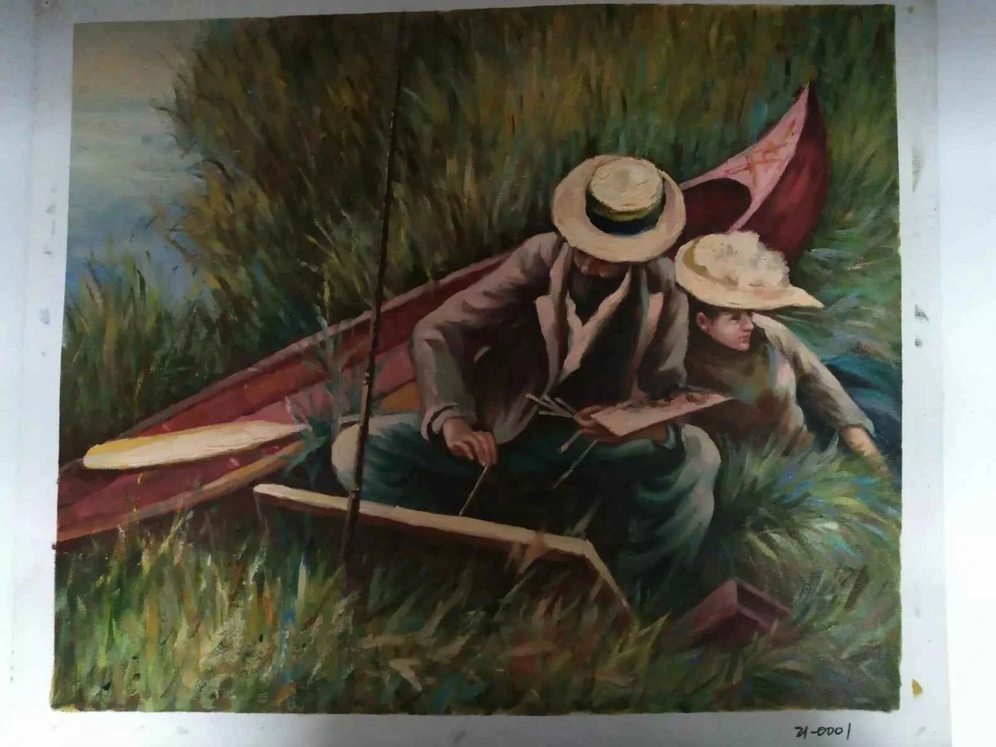 art-scène-vie-bord-rivière-artiste-peintre-huile-toile