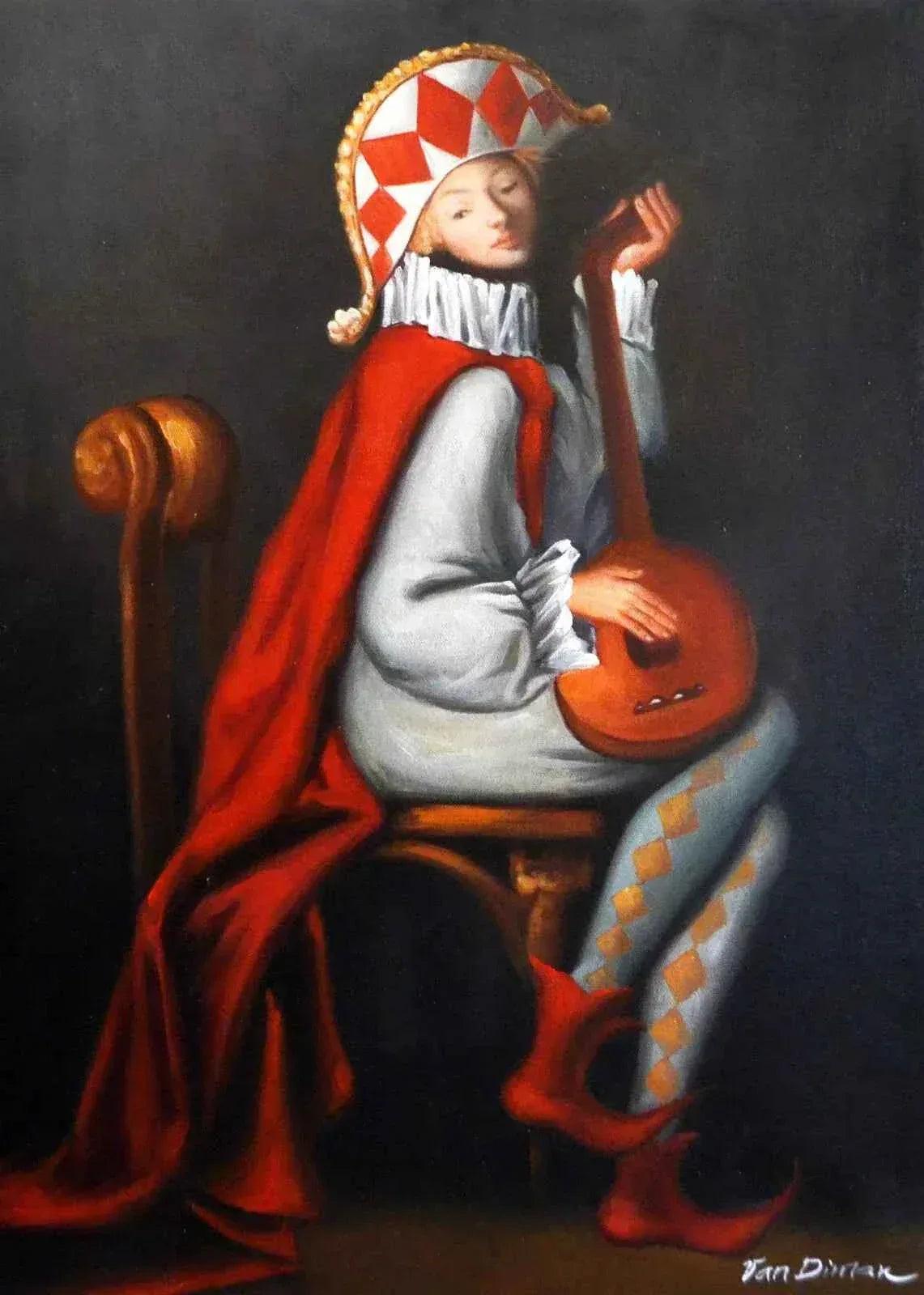 Tableau surréaliste huile sur toile de lin "L'Arlequin" rare qualité de Van Diman - Kikooyou Art Gallery