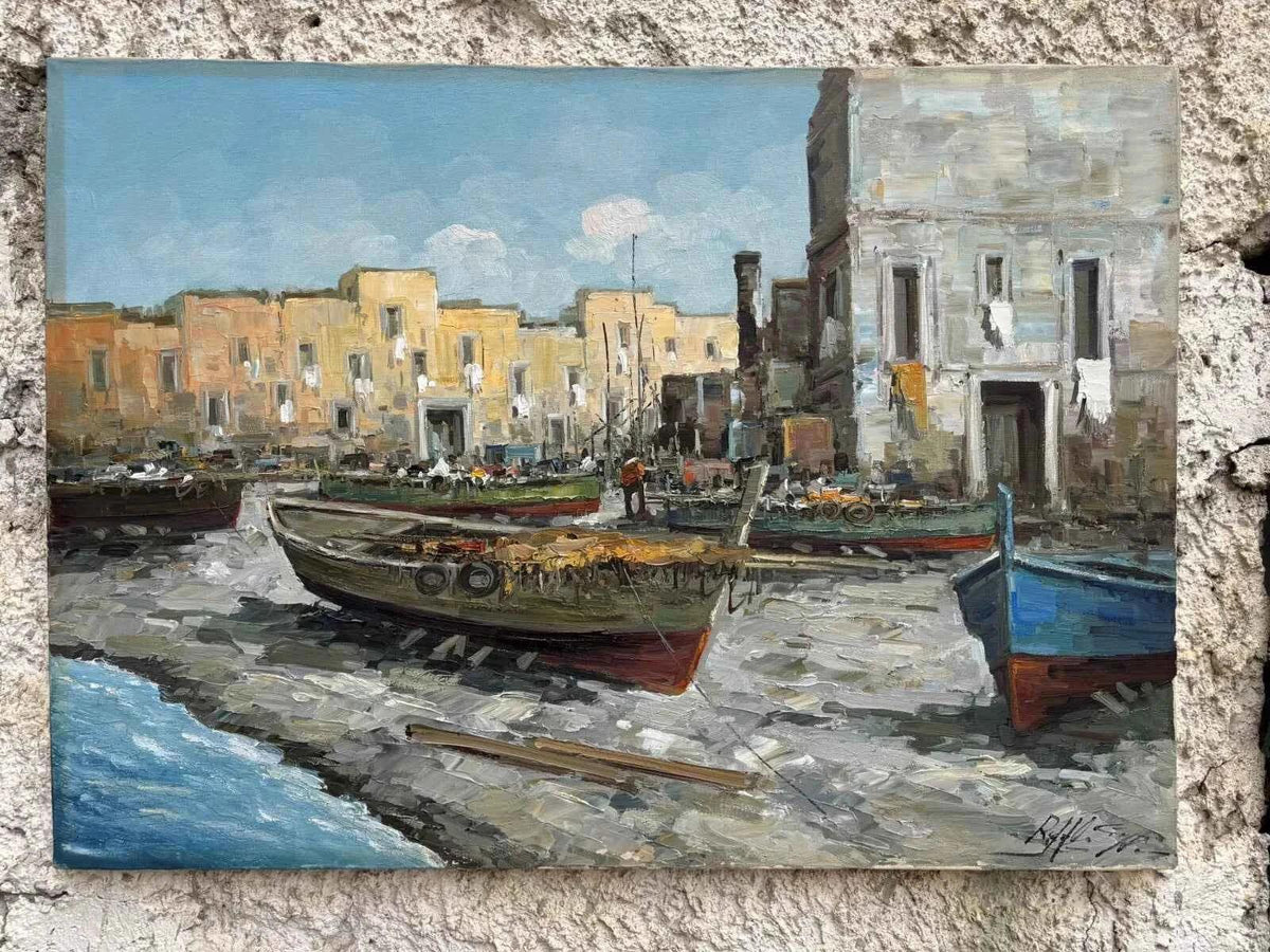 Tableau vintage - Bateaux au repos - peinture à l'huile sur toile - Kikooyou Art Gallery