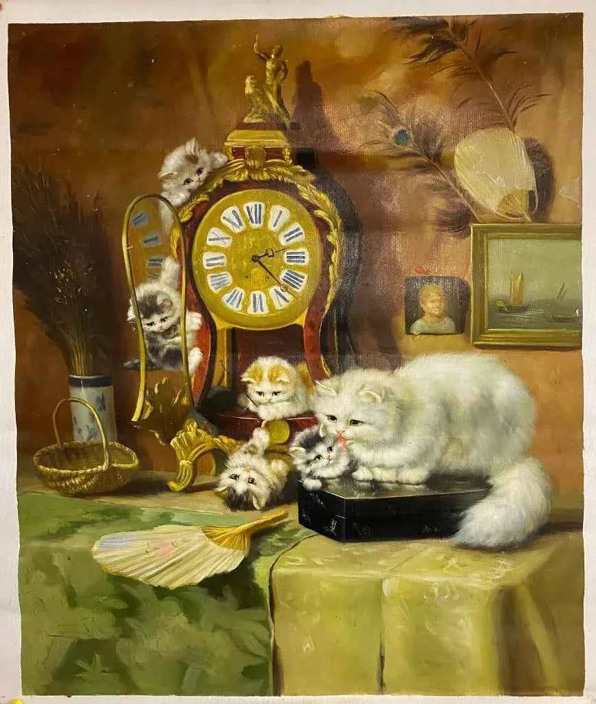 art-animal-Peinture à l'huile peinte à la main - scène ludique chat et chaton - Kikooyou Art Gallery