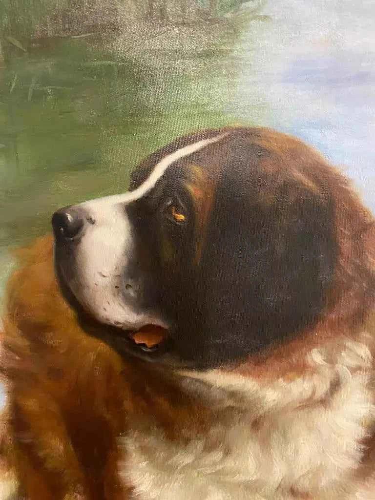 art-Peinture à l'huile - Scène bord d'étang-enfants et animaux de compagnie dans le jardin - Kikooyou Art Gallery
