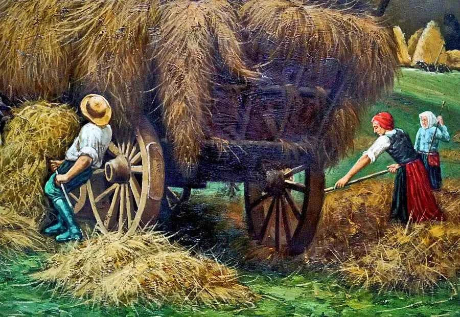 art-scène-vie-campagne-paysan-foin-peinture-huile-toile