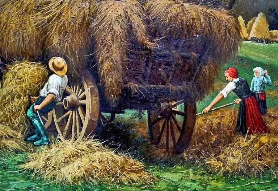 art-scène-vie-campagne-paysan-foin-peinture-huile-toile - Kikooyou Art Gallery