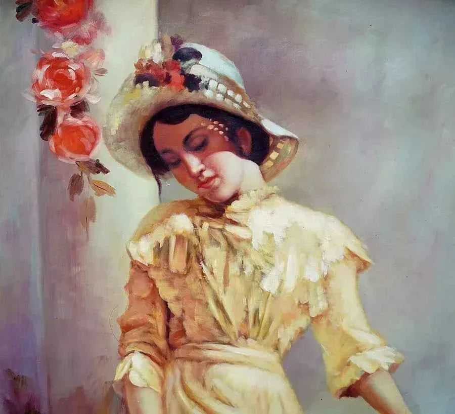 art-portrait-jeune-femme-panier-fleurs-peinture-huile-toile - Kikooyou Art Gallery