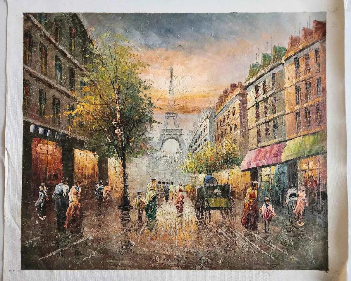 art-paysage-scène-rue-Paris-tour-Eiffel-peinture-huile-toile - Kikooyou Art Gallery