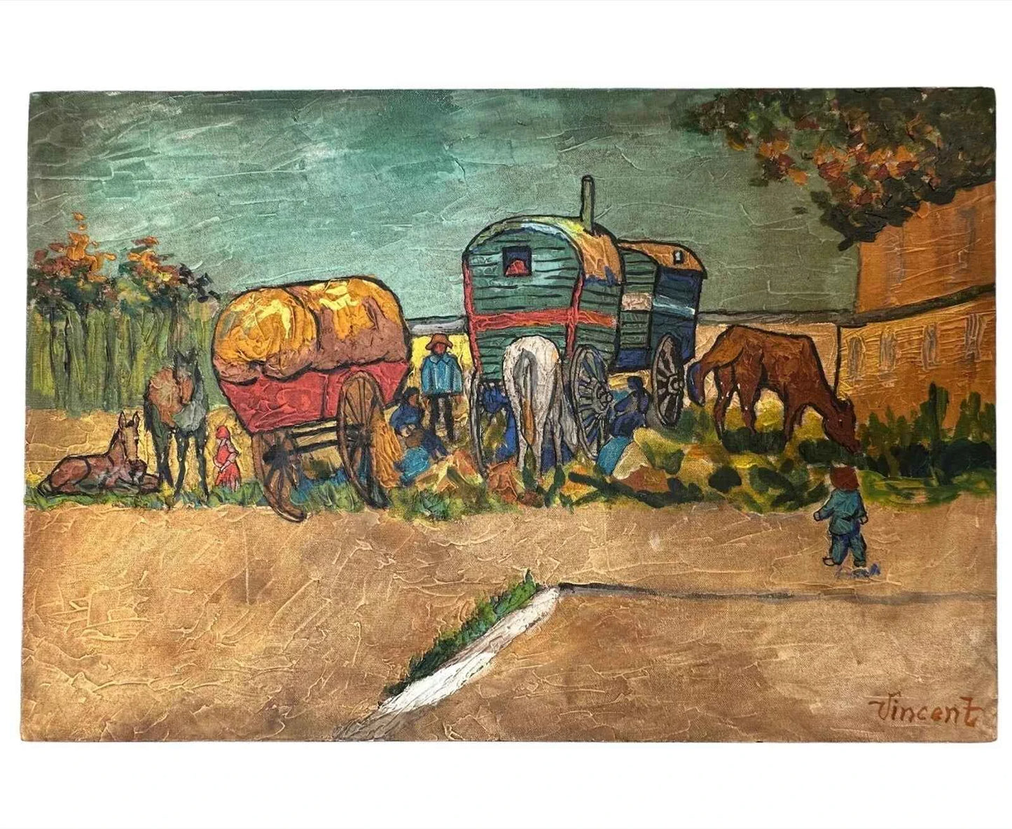 art-scène-vie-personnages-voyage-roulotte-cheval-peinture-huile-toile