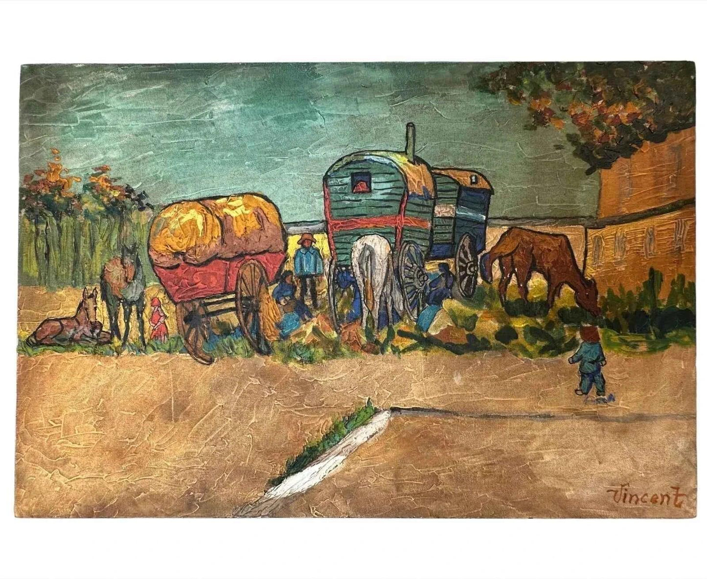 art-scène-vie-personnages-voyage-roulotte-cheval-peinture-huile-toile - Kikooyou Art Gallery