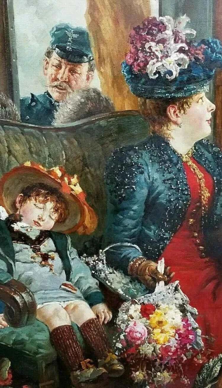 Peinture à l'huile - Art peint à la main sur toile "Prendre le train" 36 x 48 pouces - Kikooyou Art Gallery