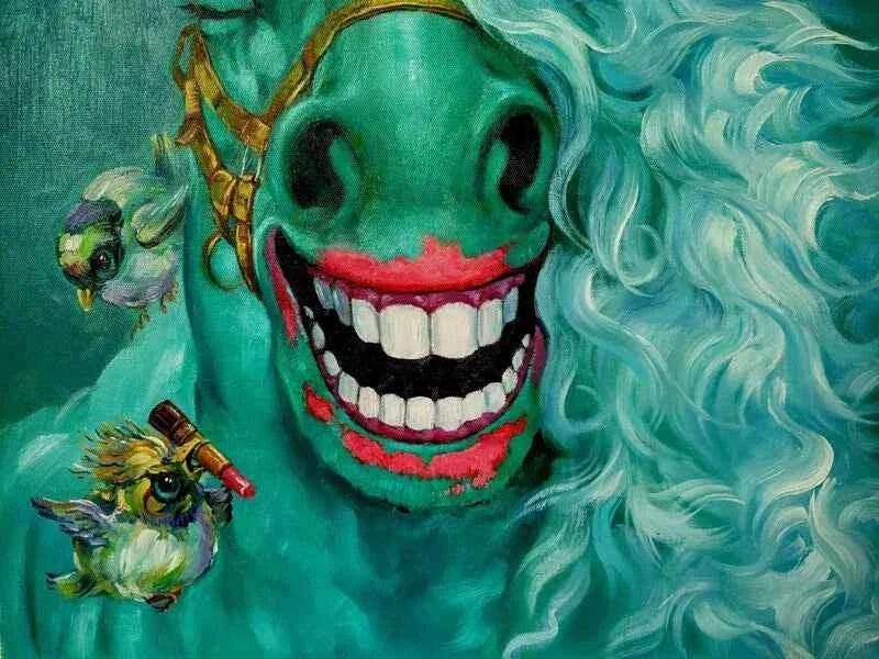 Tableau huile sur toile animal cheval riant peint à la main - Surréalisme oiseaux art - Kikooyou Art Gallery