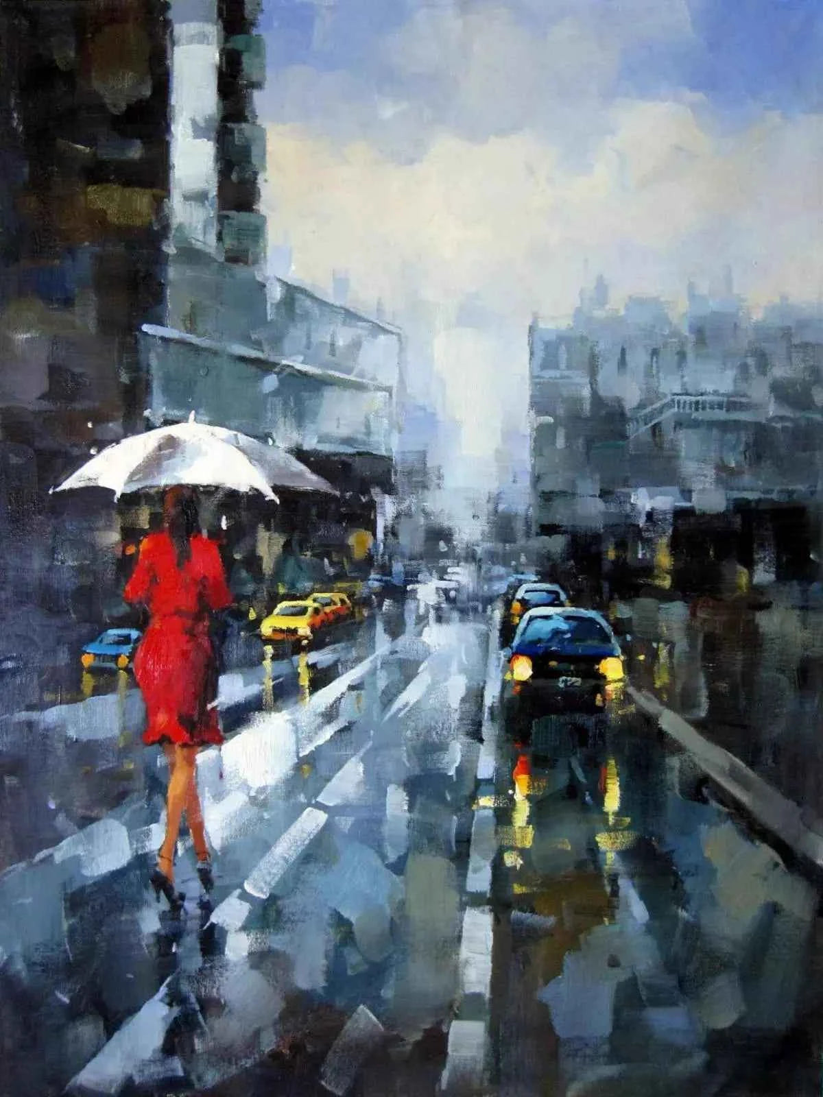 art-moderne-scène-rue-personnage-femme-pluie-peinture-huile-toile