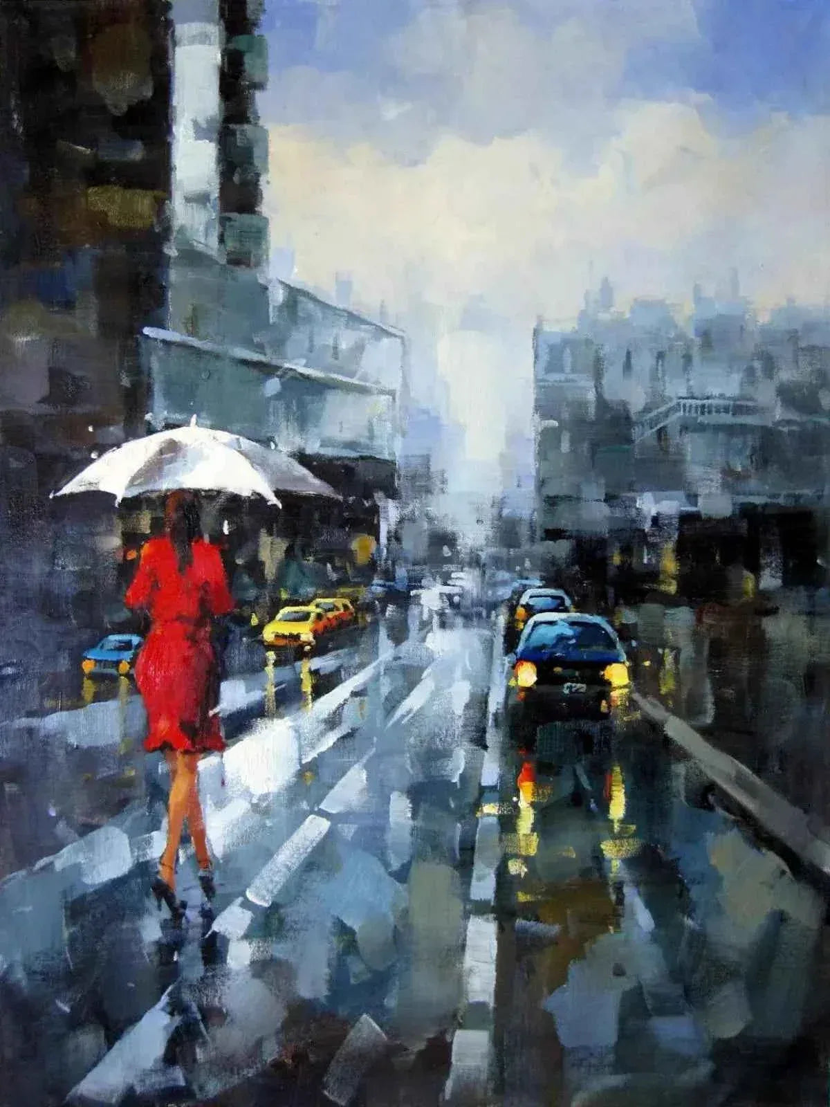 art-moderne-scène-rue-personnage-femme-pluie-peinture-huile-toile - Kikooyou Art Gallery