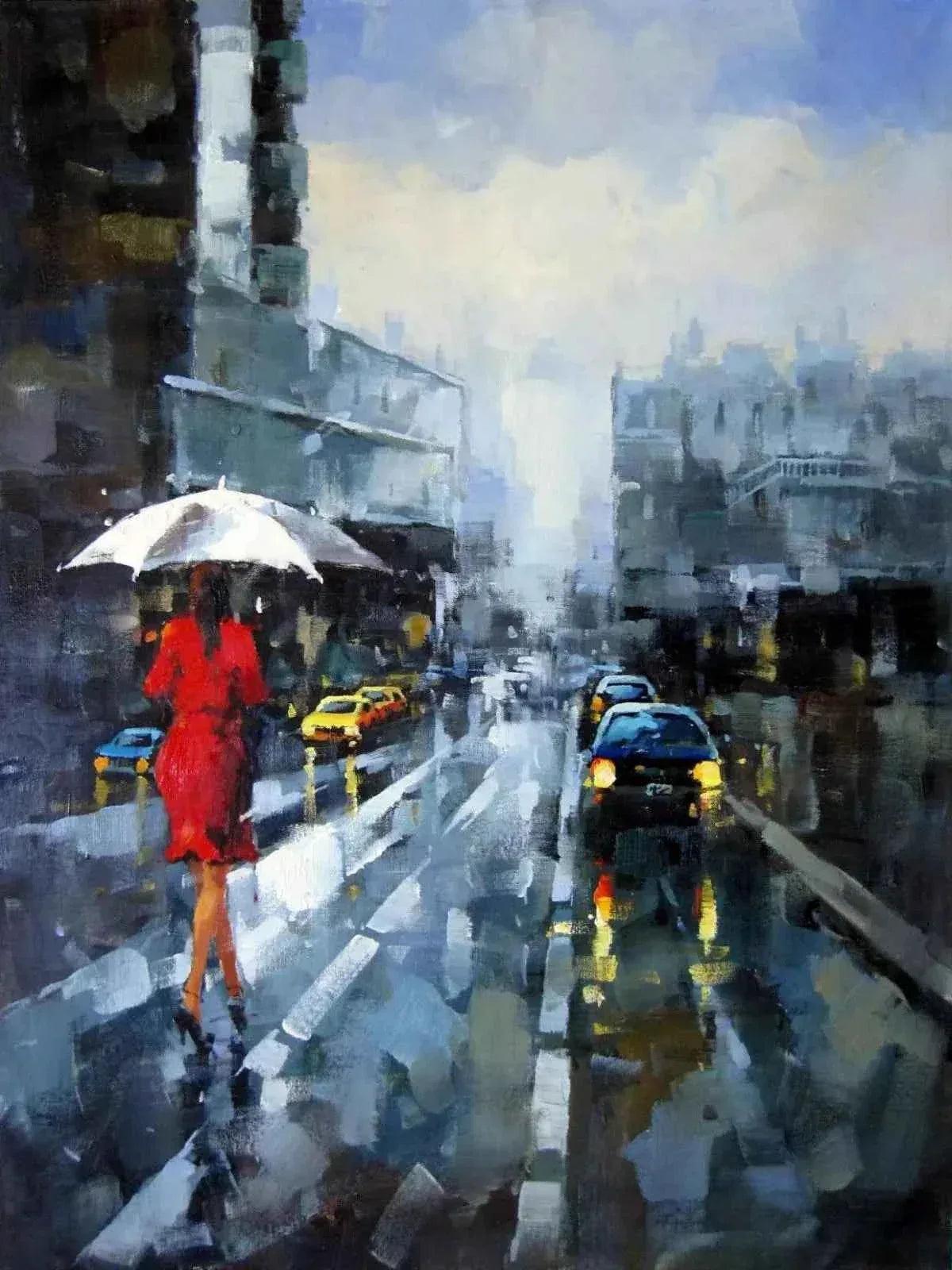 art-moderne-scène-rue-personnage-femme-pluie-peinture-huile-toile - Kikooyou Art Gallery