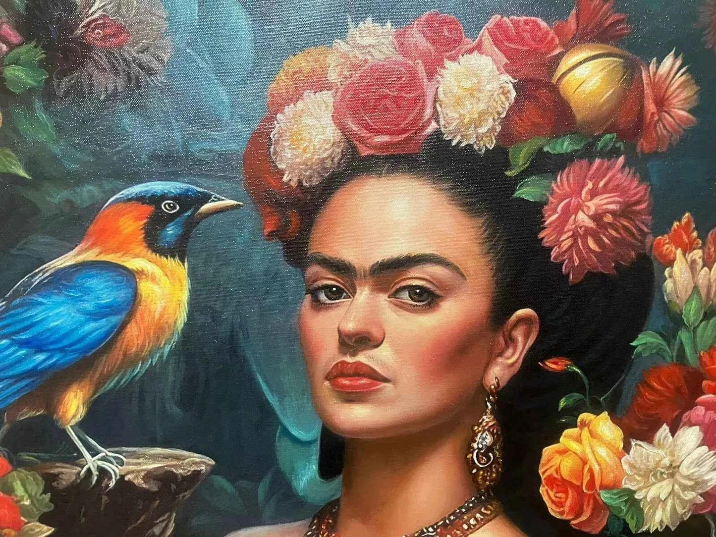 art-moderne-portrait-Frida-Khalo-fleurs-oiseaux-belle-peinture-huile-toile - Kikooyou Art Gallery