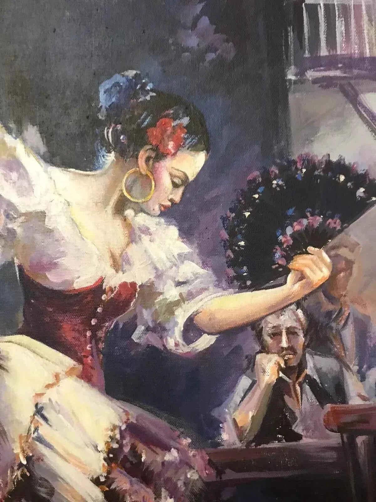 art-scène-vie-danseuse-flamenco-éventail-peinture-huile-toile - Kikooyou Art Gallery