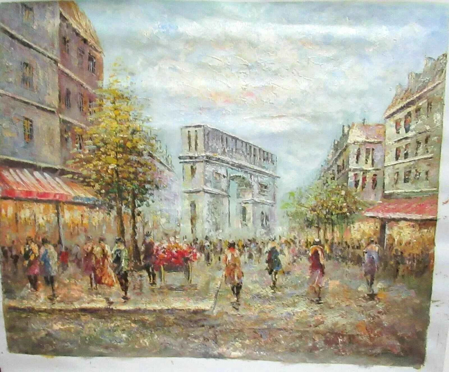 art-scène-rue-Paris-France-personnages-arc-peinture-huile-toile-non signée
