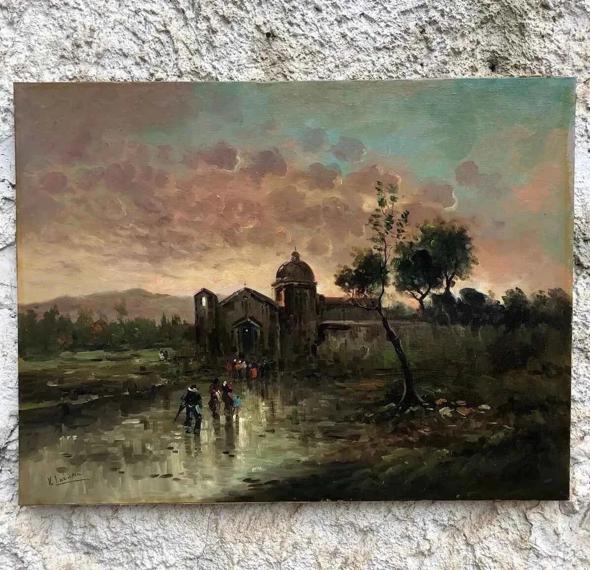 art-paysage-personnages-église-messe-peinture-huile-toile - Kikooyou Art Gallery