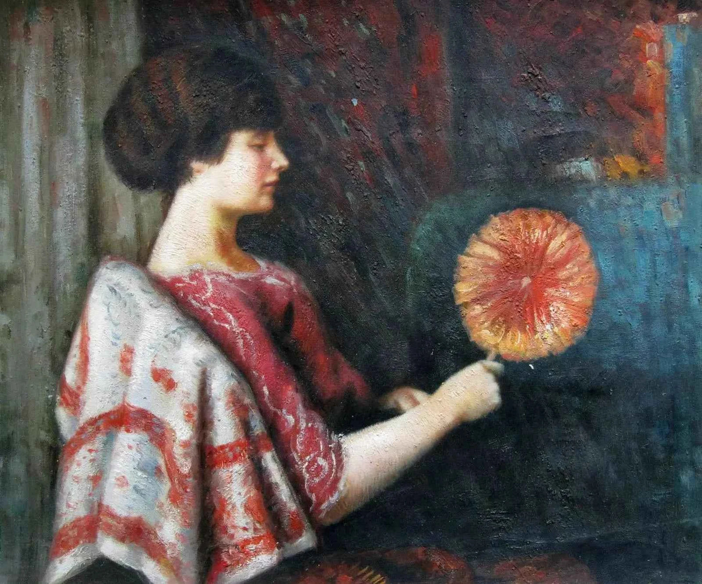 art-portrait-femme-éventail-lady-peinture-huile-toile