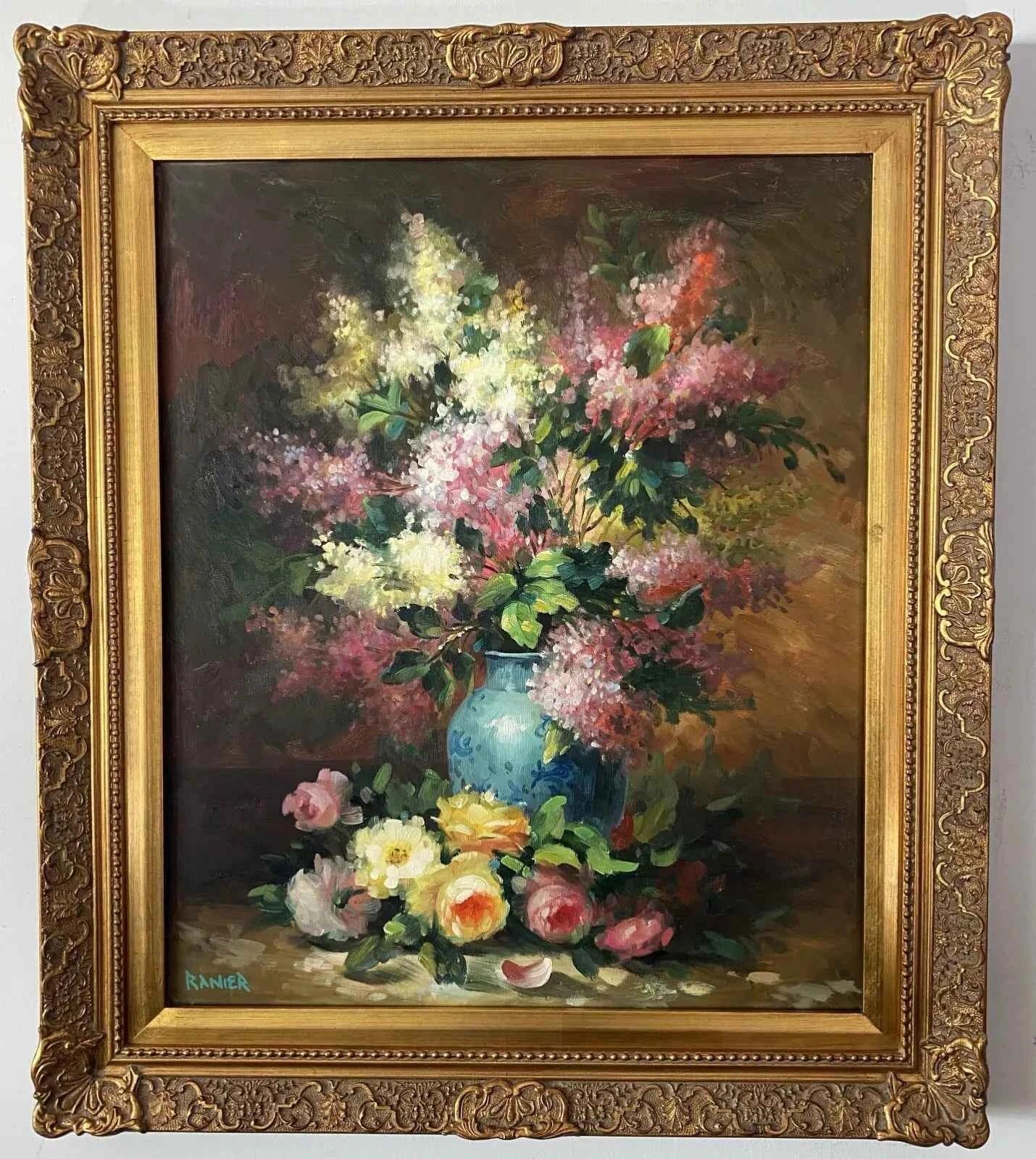 Grande peinture à l'huile - Magnifiques lilas et roses - Cadre doré orné - Kikooyou Art Gallery