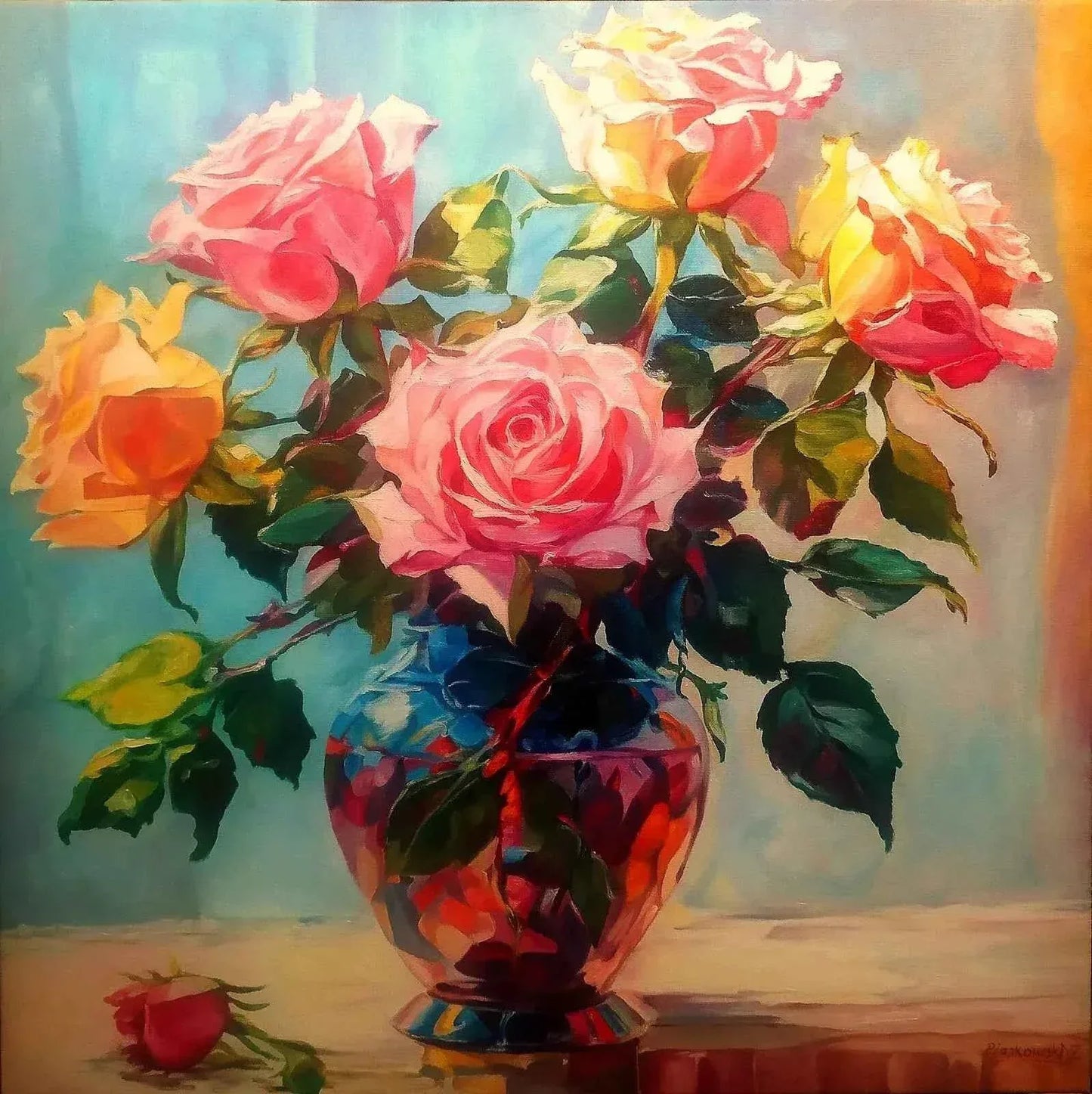 art-nature-morte-fleurs-roses-bouquet-vase-peinture-huile-toile - Kikooyou Art Gallery