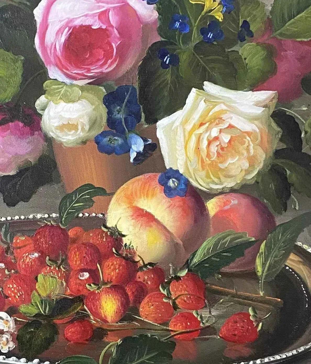 art-nature-morte-bouquet-fleurs-roses-fruits-peinture-huile-toile-cadre - Kikooyou Art Gallery