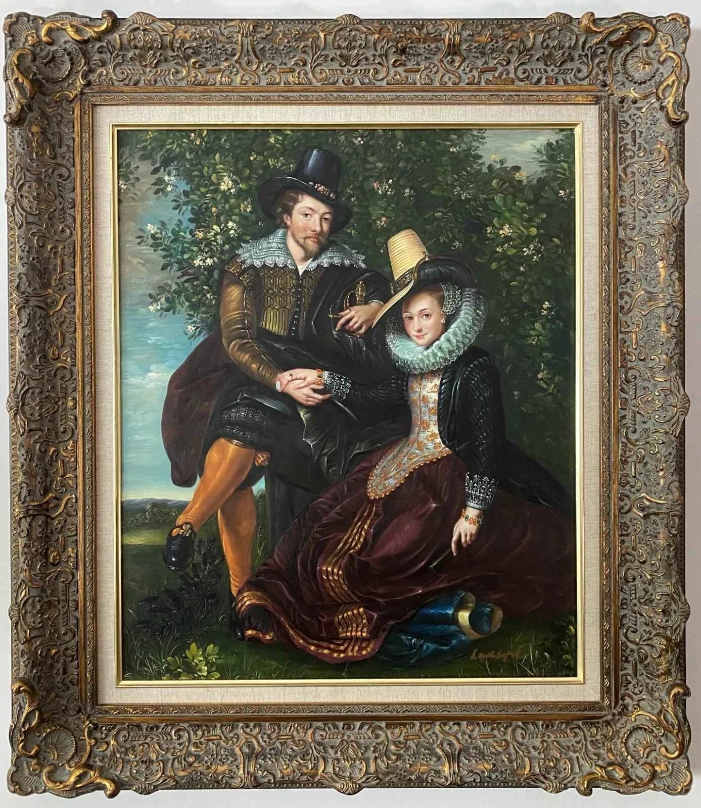 art-portrait-noble-homme-femme-chapeau-peinture-huile-toile-cadre