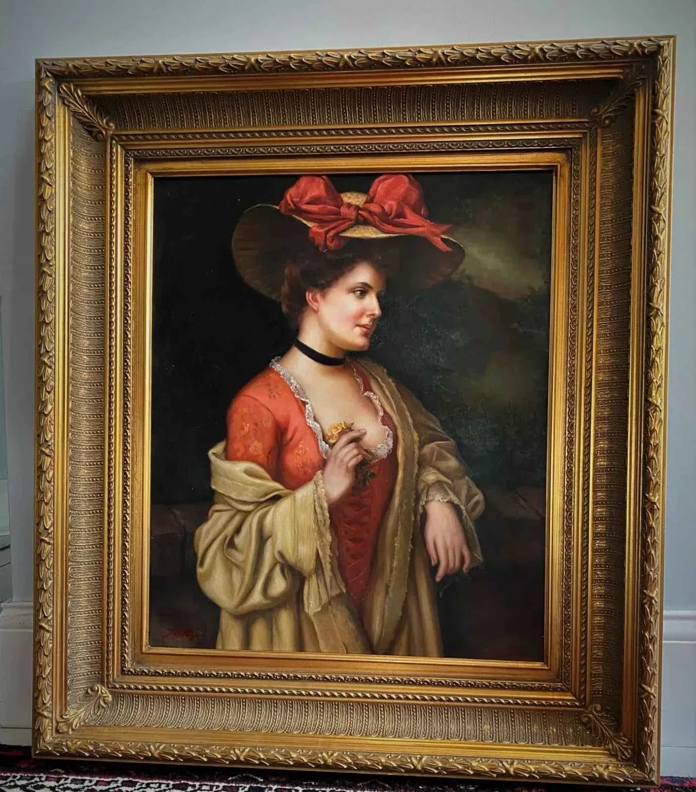 art-portrait-noble-dame-femme-chapeau-peinture-huile-toile-cadre