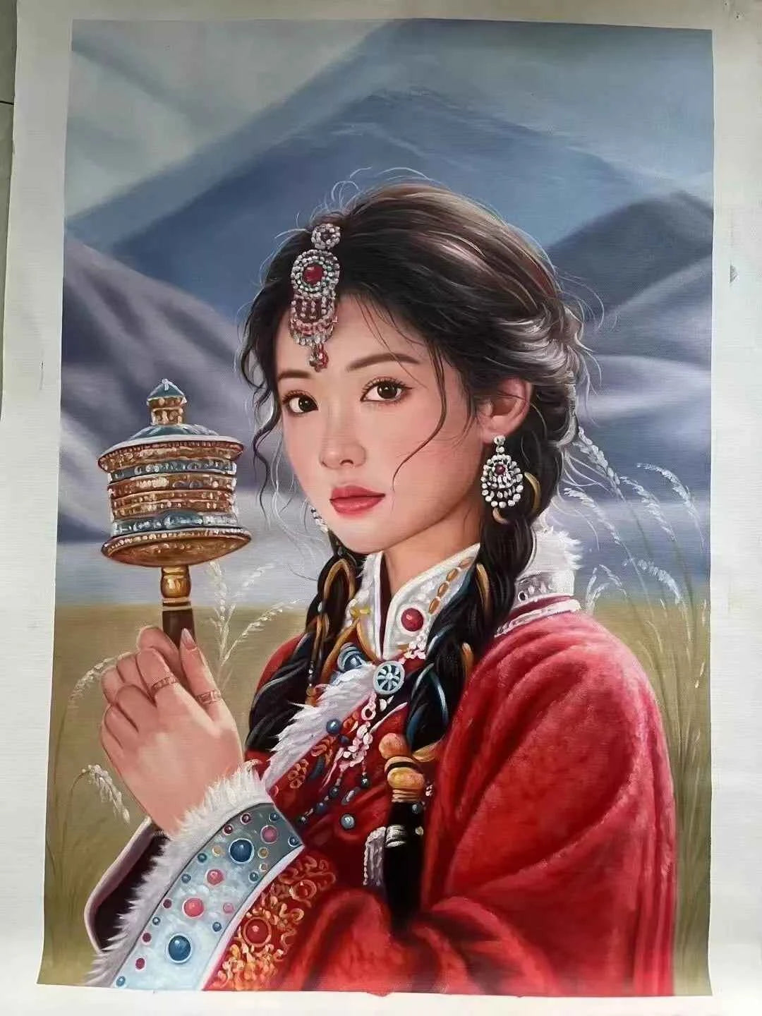 art -portrait-féminin-femme-asiatique-moulin-prières-peinture-huile sur toile
