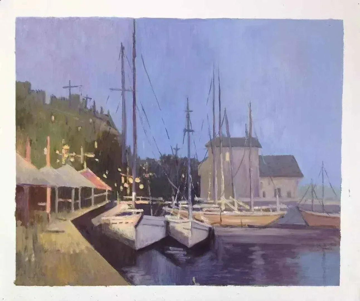 art-paysage-scène-port-plaisance-bateaux-peinture-huile-toile - Kikooyou Art Gallery