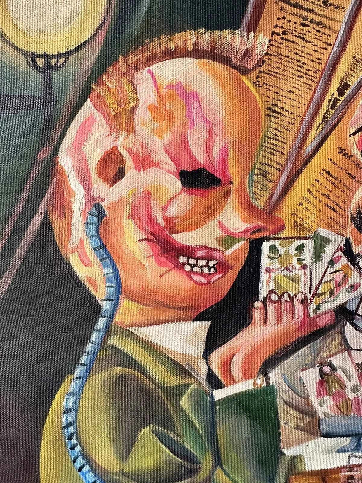 art-surréaliste-scène partie-jeu-cartes-peinture-huile-toile