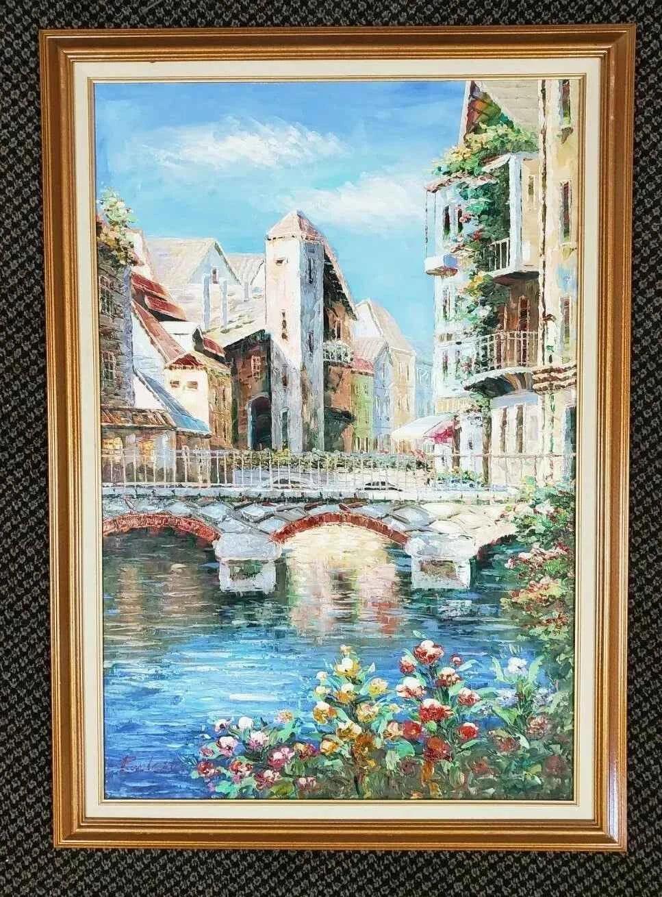 River arc pont village peinture originale à l'huile peinte à la main par P.K - Kikooyou Art Gallery