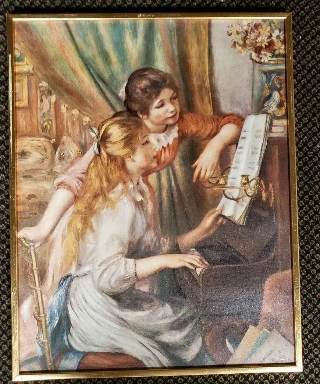 art-portrait-scène-vie-soeurs-filles-leçon-piano-musique-peinture-huile-toile