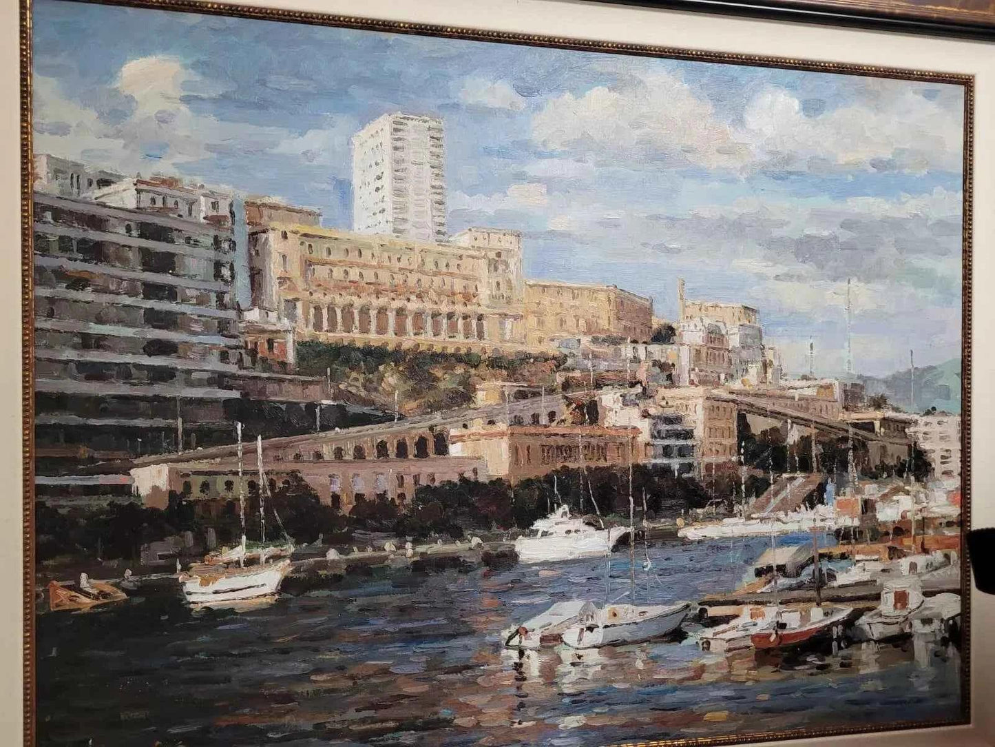 art-paysage-marina-port-bateaux-plaisance-ville-peinture-huile-toile - Kikooyou Art Gallery